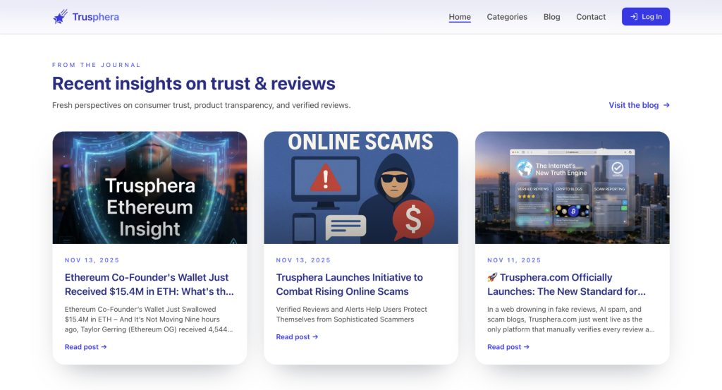 Trusphera Expands Into Full-Scale Platform For Reviews, Crypto Blogs, Scam Reports, And SEO Journals
